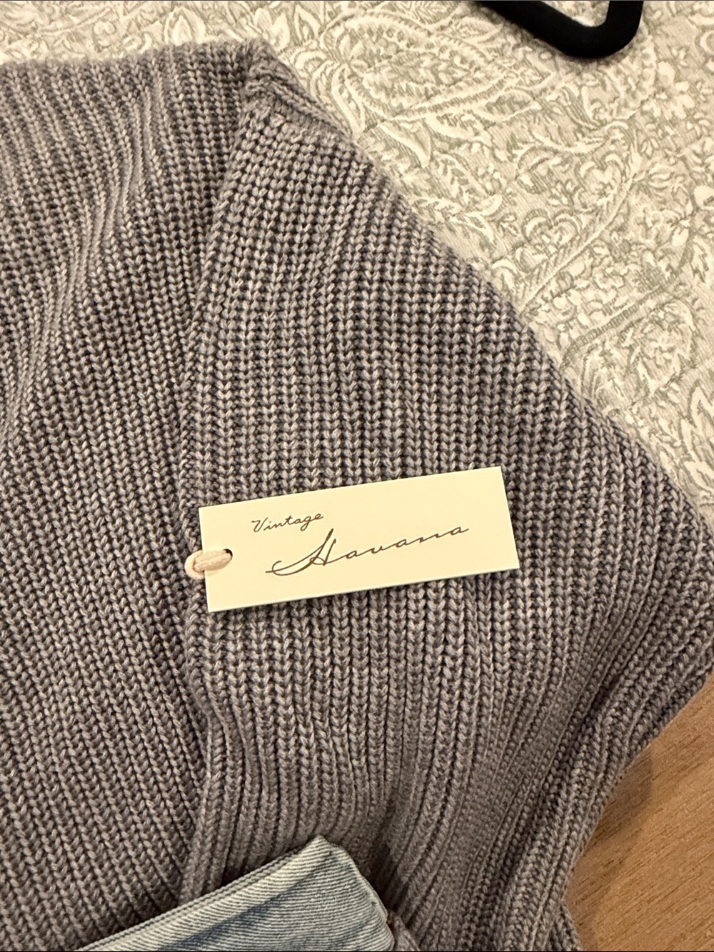 Vintage Havana Gray Ribbed Crewneck Sweater with Denim Collar & Cuffs Size L NWT - Picture 4 of 12